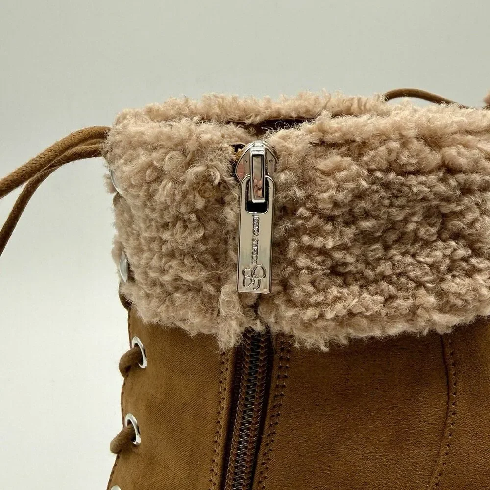 JESSICA SIMPSON Ankle Boots Women's Sz 5.5 Tan Stiletto Heel Vegan Faux Fur Cuff